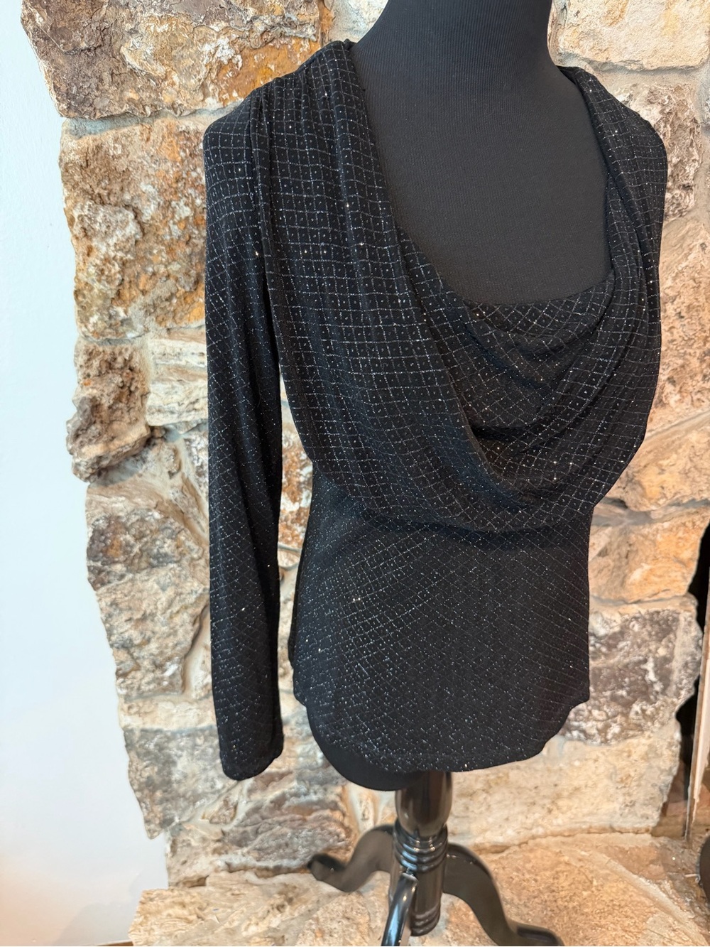 Vintage Tiana B Black Draped Neck Women's Sweater with Subtle Sparkle
